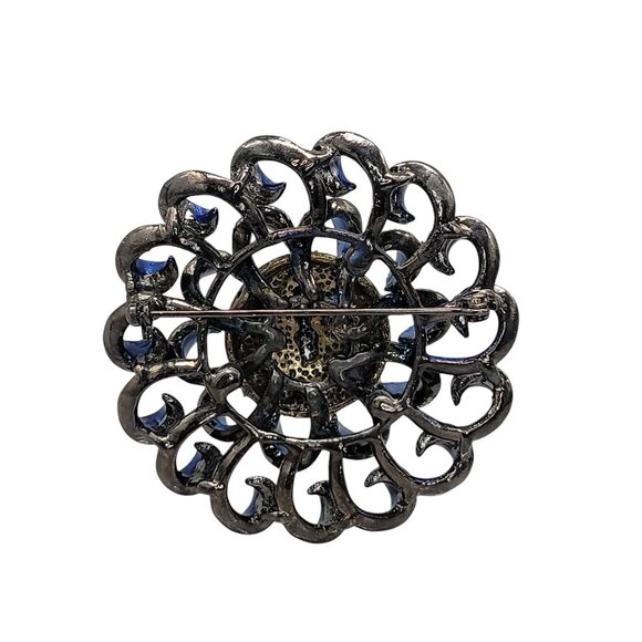 Fleur De Lis Swirl Brooch Royal Blue Gun Metal Gray Rhinestone Sparkle - Picture 13 of 15